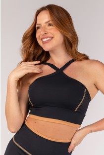 Top com Alça Larga Cruzada com Vira e Cobertura (Preto / Caramelo) | Ref: K4666-A