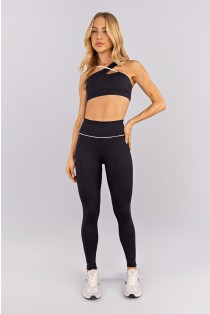 Calça Legging com Recortes e Vivo no Cós (Preto / Vanilla) | Ref: K4754-C