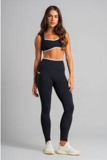 Calça Legging com Bolsos e Cós Contrastante (Preto / Off-White) | Ref: K4831-A