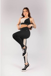 Calça Legging com Faixa no Entrepernas (Preto / Bege) | Ref: K4089-B