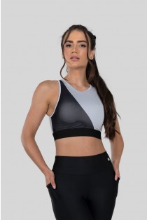 Cropped com Recorte Diagonal e Tule (Gelo / Preto) | Ref: K2891-G