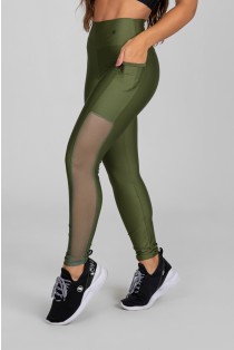 Calça Legging com Bolso e Faixa de Tule (Verde Militar) | Ref: K2873-E