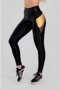 Calça Legging com Recorte de Tule (Preto / Ouro) | Ref: K2965-A