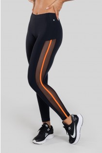 Calça Legging com Tule Lateral (Preto / Laranja) | Ref: K3130-D