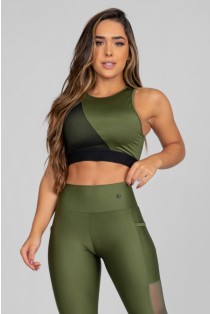 Cropped com Recorte Diagonal e Tule (Verde Militar / Preto) | Ref: K2891-E