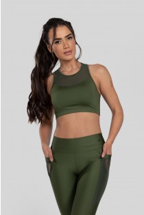 Top com Recorte e Detalhe em Tule no Busto (Verde Militar) | Ref: K2870-E