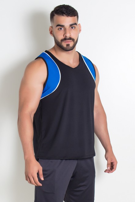 Camiseta de Microlight Masculina 2 Cores com Vivo (Preto - Azul Royal com Vivo Branco) | Ref: KS-H05-001