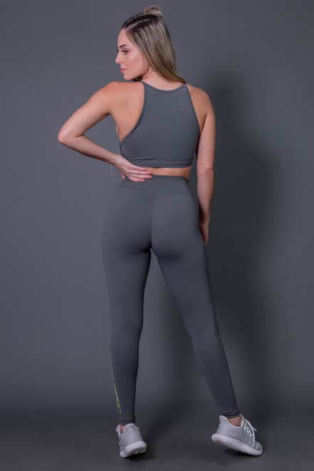 Calça Legging Fitness com Silk Assinatura Pequena (Cinza Escuro / Verde Fluor) | Ref: K2583-C