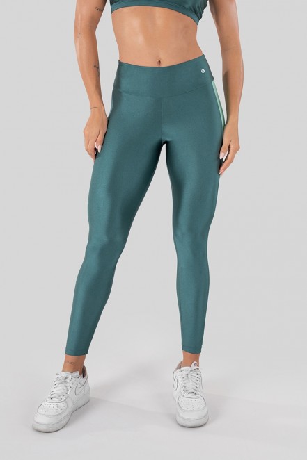 Calça Legging Tecido Platinado com Faixa Lateral (Verde Petróleo / Verde Claro) | Ref: K3250-B