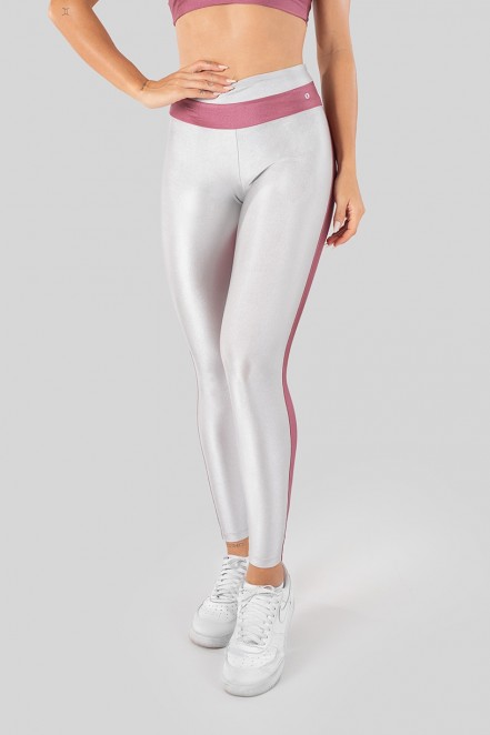 Calça Legging Tecido Platinado com Cós Bicolor (Rosa / Prata) | Ref: K3278-B