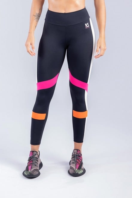 Calça Legging com Faixas Sobrepostas (Preto / Laranja / Rosa) | Ref: K3309-A