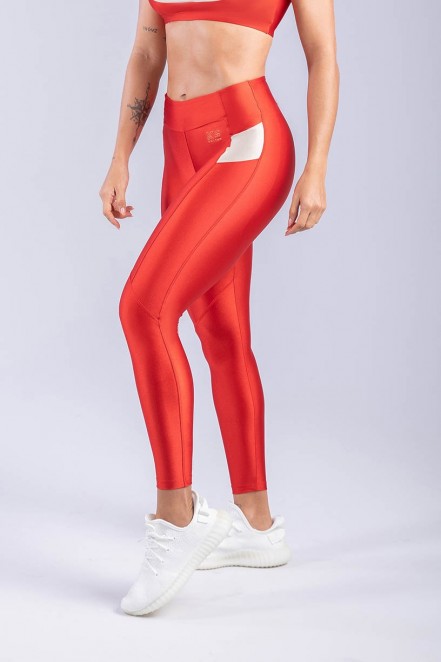 Calça Legging com Recorte Diagonal (Vermelho / Nude) | Ref: K3324-A