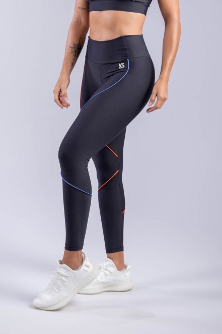 Calça Legging Duas Cores com Vivo (Preto / Azul / Laranja) | Ref: K3347-A