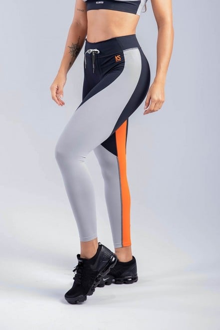 Calça Legging com Cadarço e Faixas Coloridas (Cinza / Preto / Laranja / Chumbo) | Ref: K3356-B