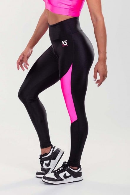 Calça Legging com Faixa Assimétrica (Preto / Rosa Neon) | Ref: K3474-A