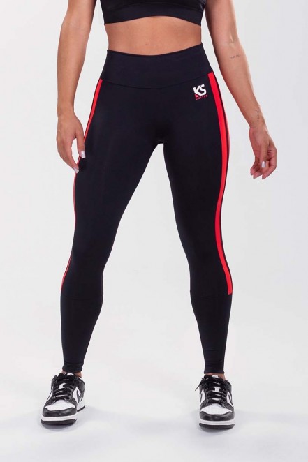 Calça Legging com Faixa Dupla Lateral (Preto / Vermelho) | Ref: K3491-A