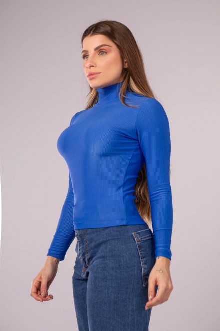 Blusa com Manga Longa Tecido Canelado (Azul) | Ref: 02-B