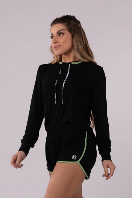 Blusa de Manga Longa com Cadarço (Preto / Verde) | Ref: K3733-A