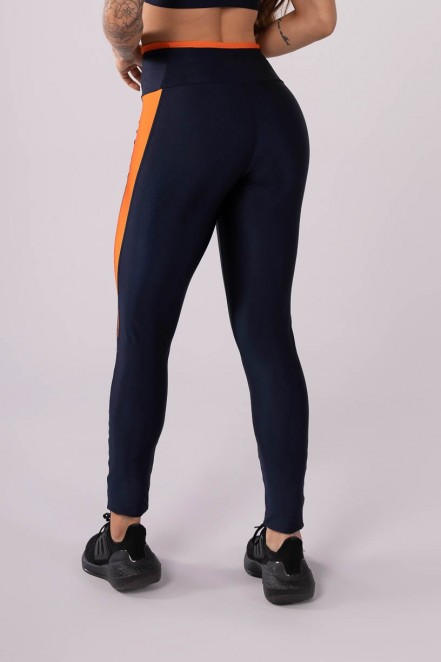 Calça Legging com Recorte Lateral e Detalhe no Cós (Azul Marinho / Laranja) | Ref: K3709-A