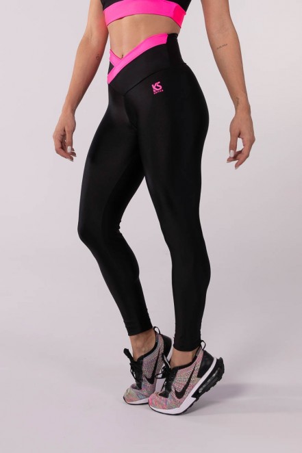 Calça Legging com Cós Transpassado Bicolor (Preto / Rosa Neon) | Ref: K3488-B