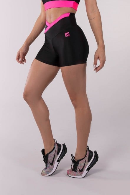 Short com Cós Transpassado Bicolor (Preto / Rosa Neon) | Ref: K3692-B