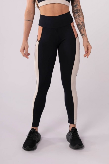 Calça Legging com Recorte Tricolor (Preto / Nude / Off-White) | Ref: K3599-A