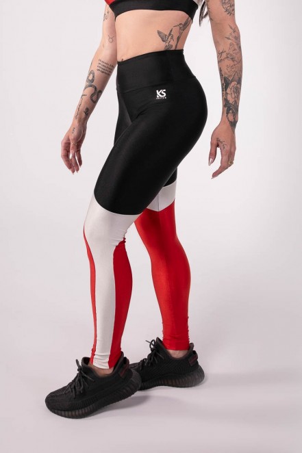 Calça Legging Tricolor Assimétrica (Preto / Off-White / Vermelho) | Ref: K3758-A