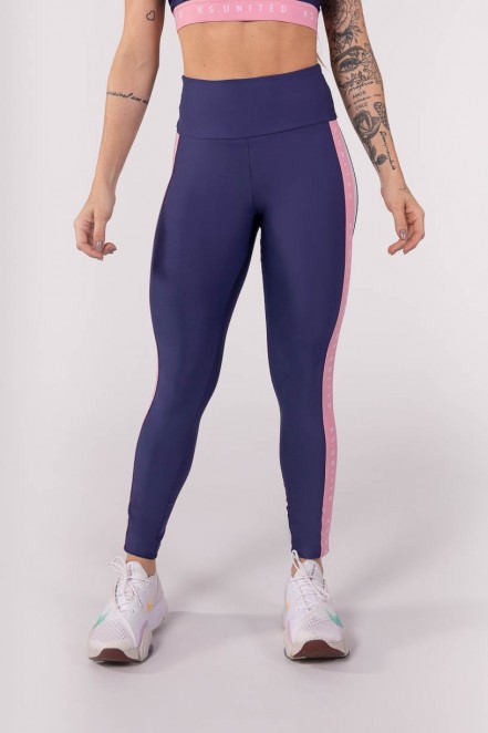 Calça Legging com Elástico Personalizado e Faixa na Lateral (Azul Marinho / Rosa / Off-White) | Ref: K3798-A