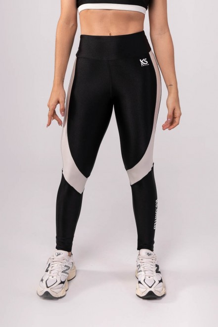 Calça Legging com Recorte Lateral Curvo (Preto / Off-White) | Ref: K3475-B