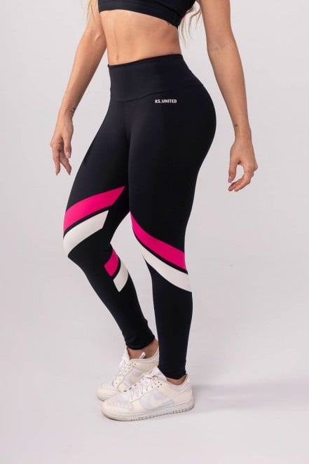 Calça Legging com Faixas Contrastantes (Preto / Rosa / Branco) | Ref: K3742-A