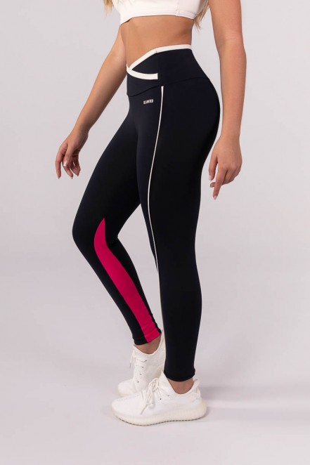 Calça Legging com Cós Transpassado e Vivo (Preto / Off-White / Rosa) | Ref: K3846-A