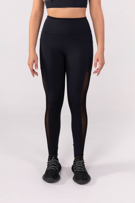 Calça Legging com Bolso e Recorte em Tule (Preto) | Ref: K3843-A