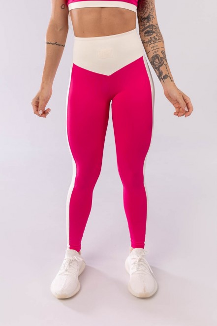 Calça Legging com Cós V e Faixa Lateral (Rosa / Off-White) | Ref: K3951-B