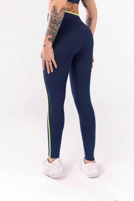 Calça Legging com Vivo e Vira no Cós (Azul Marinho / Amarelo Neon) | Ref: K4070-A