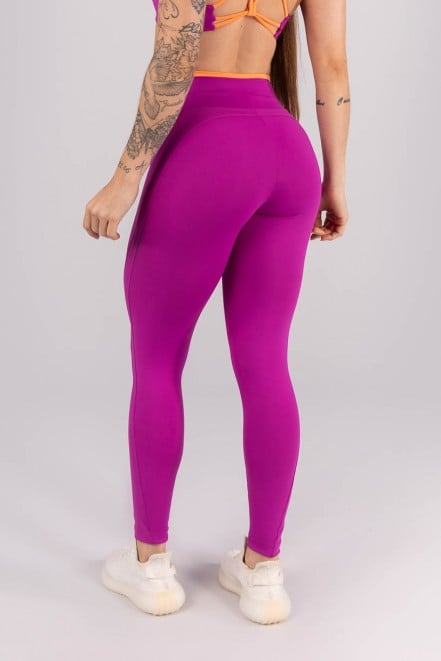 Calça Legging com Recortes e Cós de Vira Contrastante (Roxo / Laranja Claro) | Ref: K4451-C