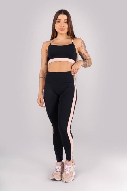 Calça Legging com Faixa Lateral e Bolso no Cós (Preto / Rosa Bebê) | Ref: K4465-A