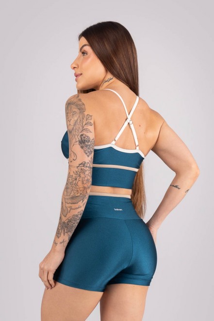 Top Tricolor com Alças Cruzadas Reguláveis (Azul Petróleo / Off-White / Bege) | Ref: K4461-B