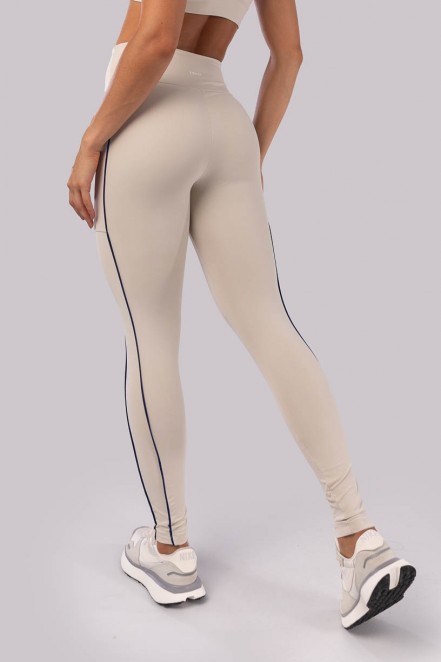 Calça Legging com Bolsos e Vivos em Mix de Tecidos (Bege / Azul Marinho) | Ref: K4530-A