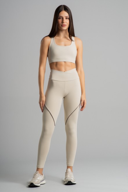 Calça Legging com Cós Transpassado e Vivo (Off-White / Trufa) | Ref: K4858-A