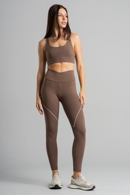 Calça Legging com Cós Transpassado e Vivo (Capuccino / Off-White) | Ref: K4858-B