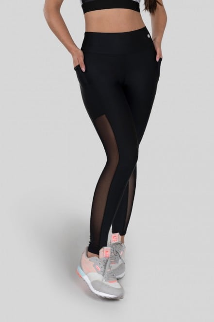 Calça Legging com Bolso e Faixa de Tule (Preto)  Ref K2873-A