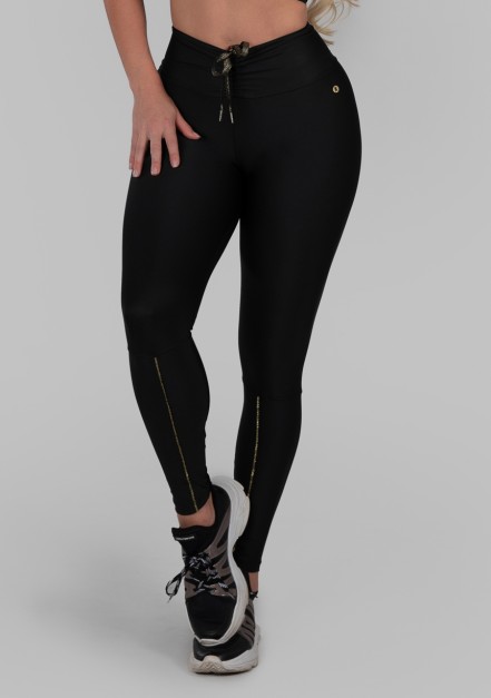 Calça Legging com Cadarço Metálico e Vivo (Preto / Ouro) | Ref: K2986-B