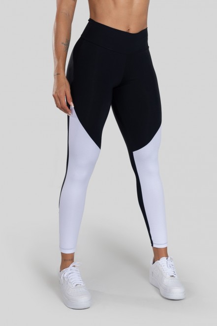 Calça Legging com Recorte Bicolor (Preto / Branco) | Ref: K3128-C