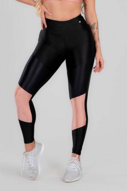 Calça Legging com Recorte Duplo Frontal (Preto / Rosa Claro) | Ref: K2963-B