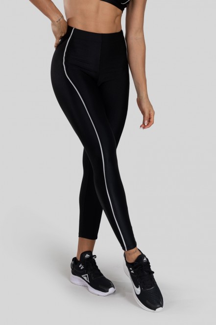 Calça Legging com Recorte e Vivo (Preto / Prata) | Ref: K3150-B