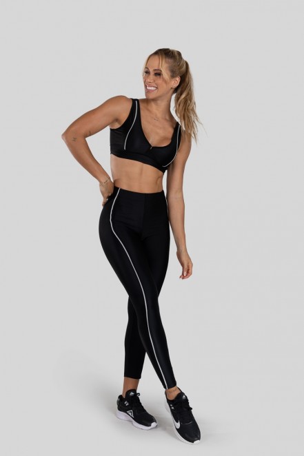 Calça Legging com Recorte e Vivo (Preto / Prata) | Ref: K3150-B