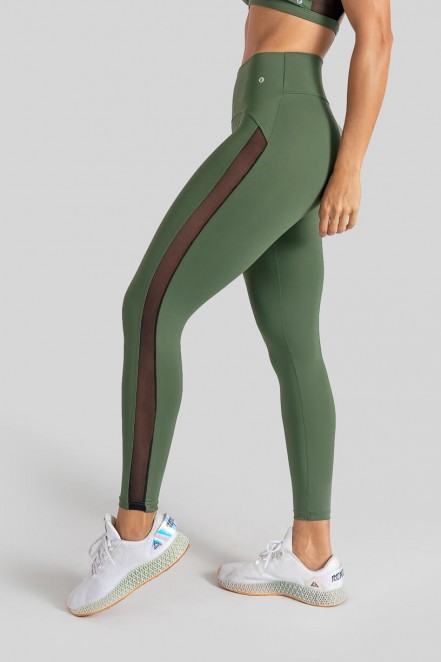 Calça Legging com Recorte Lateral de Tule (Verde Militar) | Ref: K3110-B