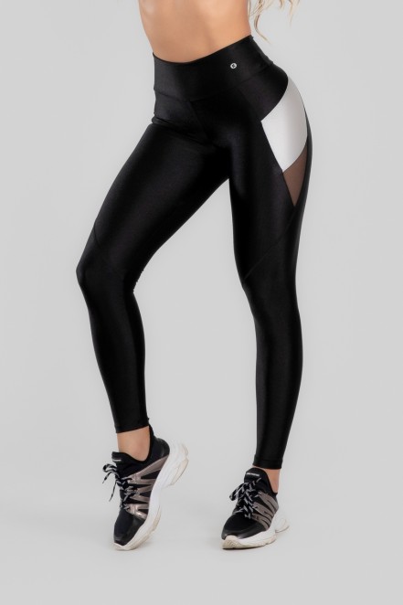 Calça Legging com Recorte de Tule (Preto / Prata) | Ref: K2965-B