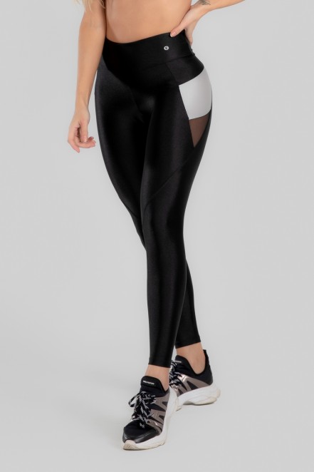 Calça Legging com Recorte de Tule (Preto / Prata) | Ref: K2965-B