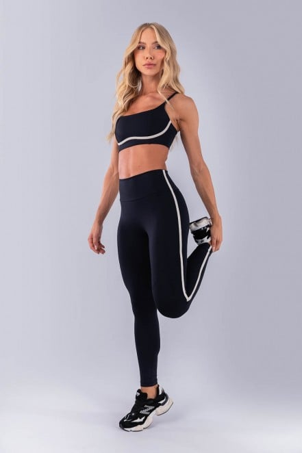 Calça Legging sem Gancho com Chapado nas Laterais (Preto / Off-White) | Ref: K4485-A
